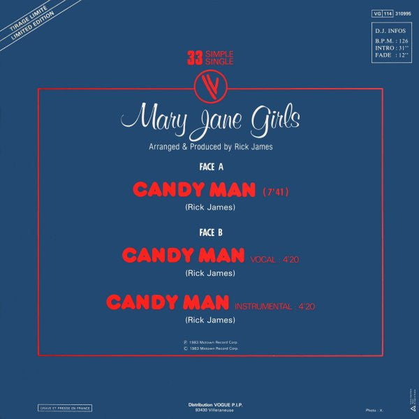 Mary Jane Girls : Candy Man (U.S. Remix) (12", Single, Ltd)