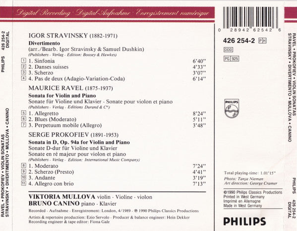 Igor Stravinsky / Maurice Ravel / Sergei Prokofiev, Viktoria Mullova · Bruno Canino : Divertimento / Sonata In G / Sonata No. 2 In D (CD, Album)