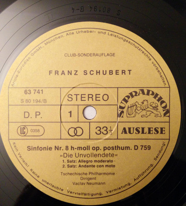 Franz Schubert, The Czech Philharmonic Orchestra : Die Unvollendete (LP, Club)