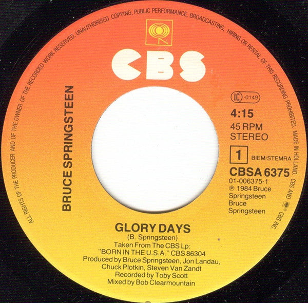 Bruce Springsteen : Glory Days (7", Single)