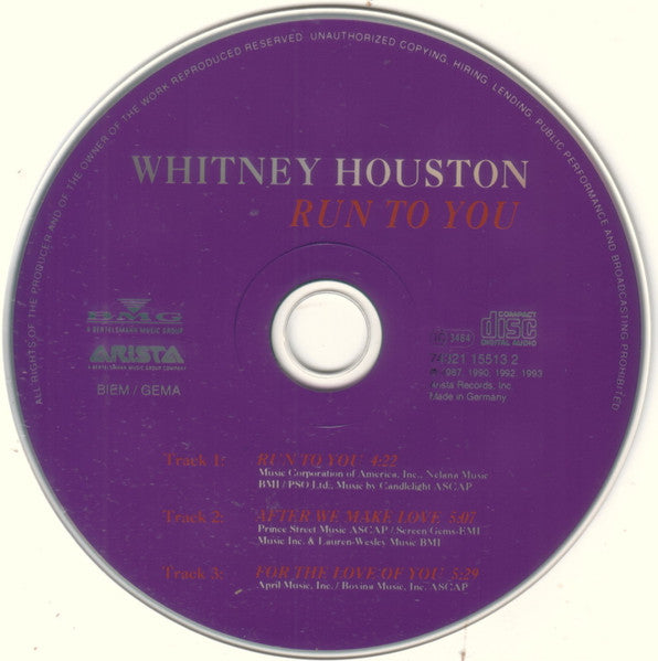 Whitney Houston : Run To You (CD, Maxi)