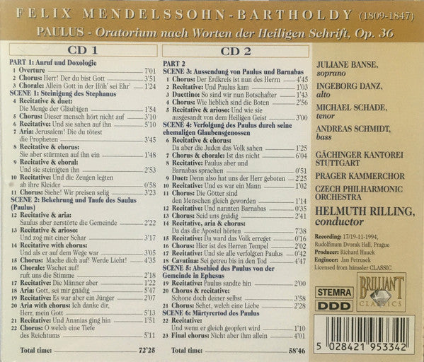 Felix Mendelssohn-Bartholdy, Gächinger Kantorei Stuttgart, Prague Chamber Choir, The Czech Philharmonic Orchestra, Helmuth Rilling : Paulus (2xCD, Album, RE)