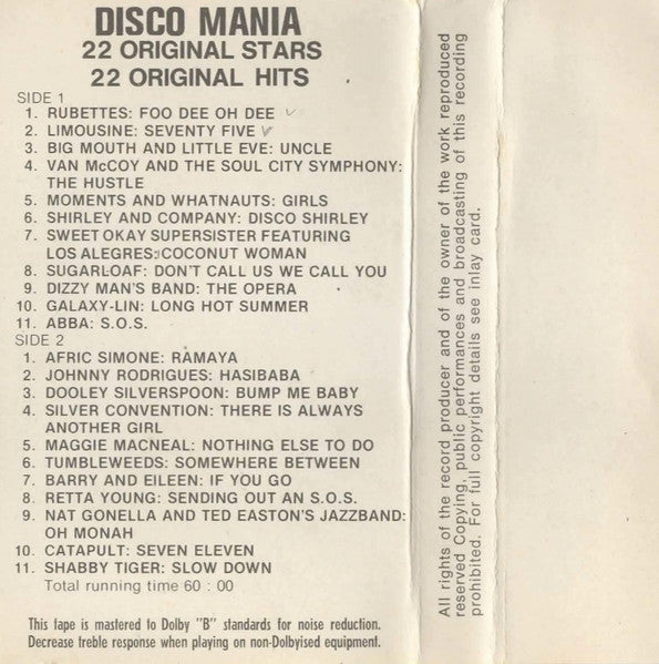 Various : Disco Mania (22 Original Stars - 22 Original Hits) (Cass, Comp, Dol)