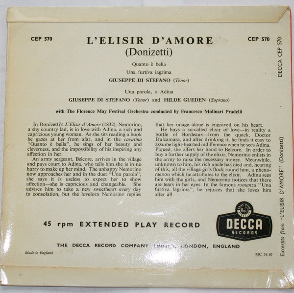 Gaetano Donizetti - Giuseppe di Stefano And Hilde Güden : L'Elisir D'Amore (7", EP, Mono)