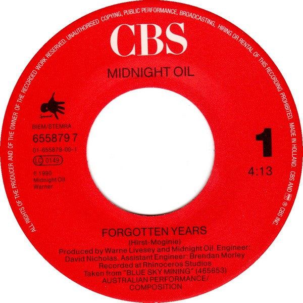 Midnight Oil : Forgotten Years (7", Single)