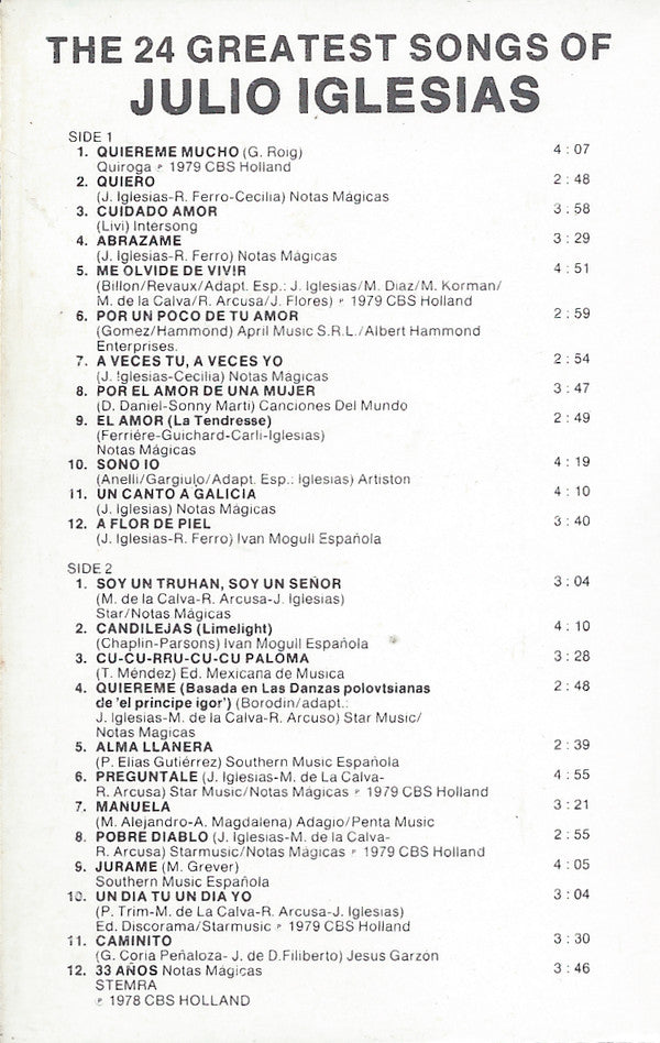 Julio Iglesias : The 24 Greatest Songs Of Julio Iglesias (Cass, Comp)
