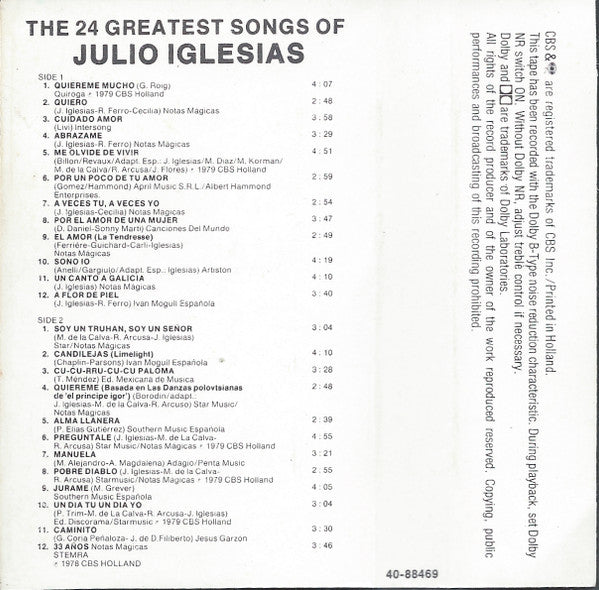 Julio Iglesias : The 24 Greatest Songs Of Julio Iglesias (Cass, Comp)