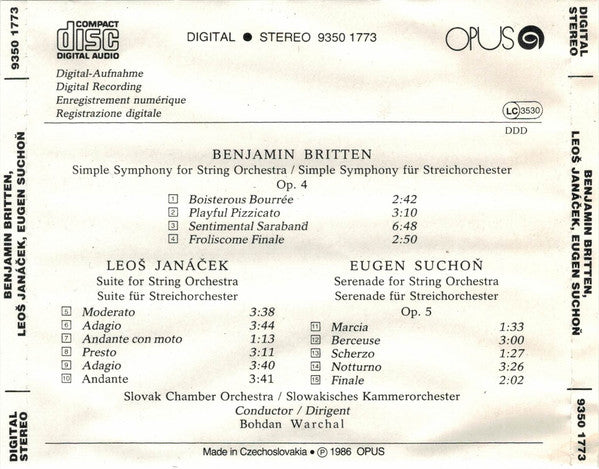 Benjamin Britten, Leoš Janáček, Eugen Suchoň / Slovak Chamber Orchestra, Bohdan Warchal : Simple Symphony - Suite - Serenade (CD)