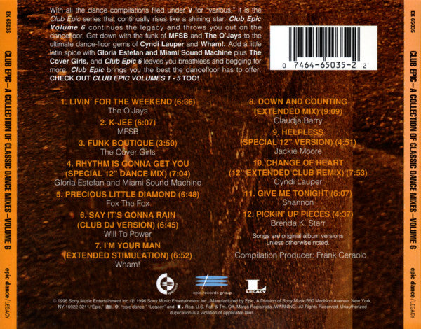 Various : Club Epic (A Collection Of Classic Dance Mixes) Volume 6 (CD, Comp, RM)