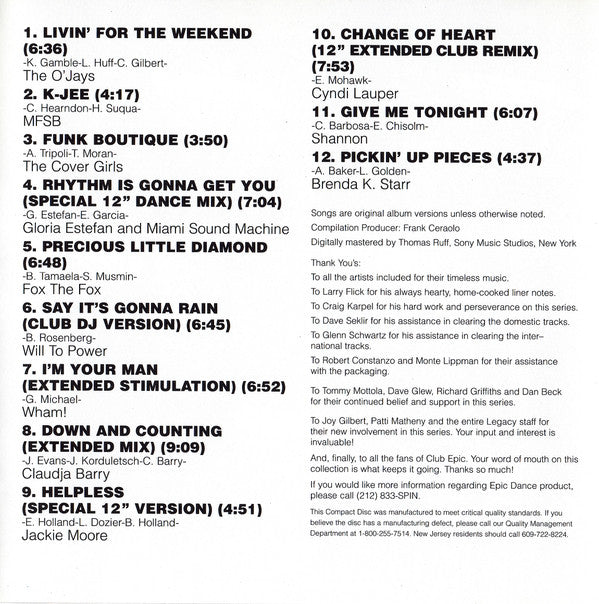 Various : Club Epic (A Collection Of Classic Dance Mixes) Volume 6 (CD, Comp, RM)