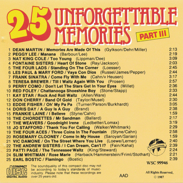 Various : 25 Unforgettable Memories Part III (CD, Comp)