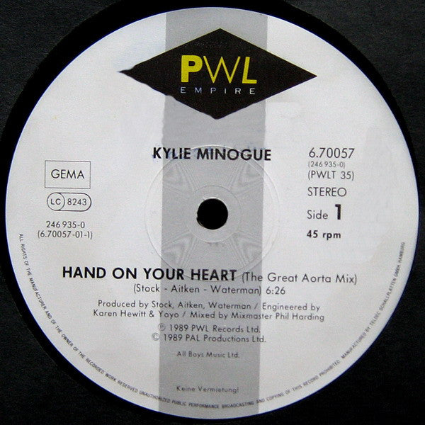 Kylie Minogue : Hand On Your Heart (12", Maxi)