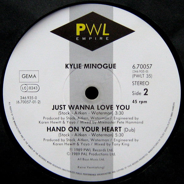Kylie Minogue : Hand On Your Heart (12", Maxi)