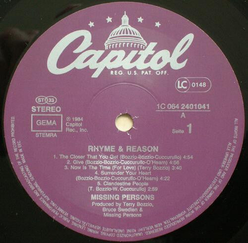 Missing Persons : Rhyme & Reason (LP, Album)