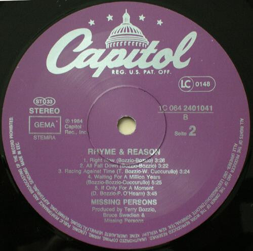 Missing Persons : Rhyme & Reason (LP, Album)
