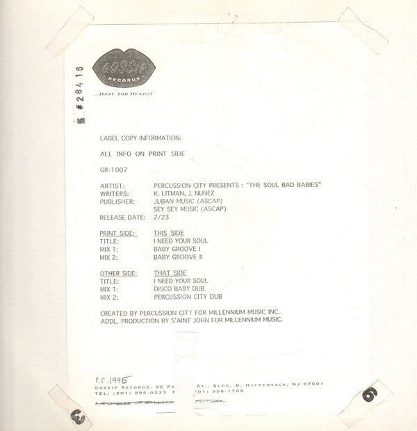 Percussion City Presents The Soul Bad Babies : I Need Your Soul (12", TP)