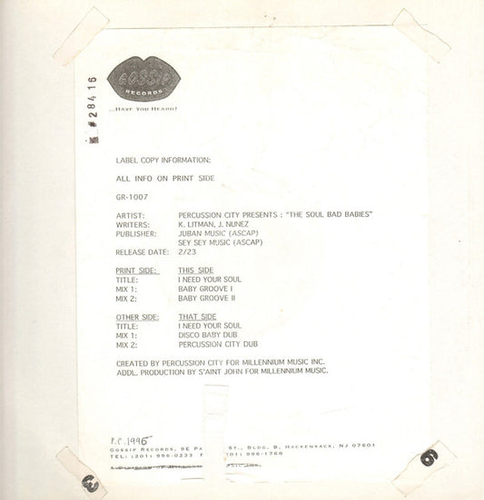 Percussion City Presents The Soul Bad Babies : I Need Your Soul (12", TP)