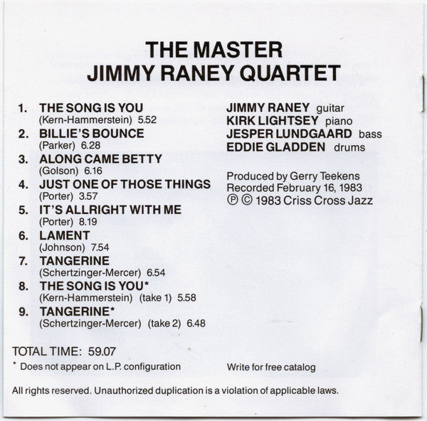 Jimmy Raney Quartet Featuring Kirk Lightsey : The Master (CD, Album, RE)