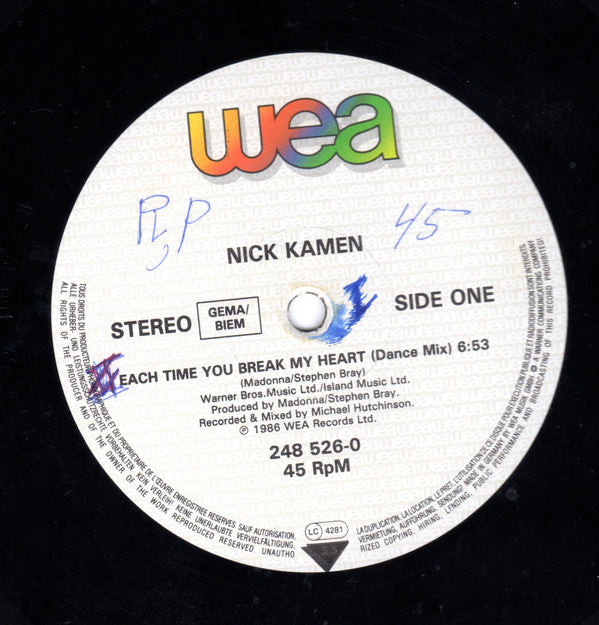 Nick Kamen : Each Time You Break My Heart (12", Ltd, Pos)