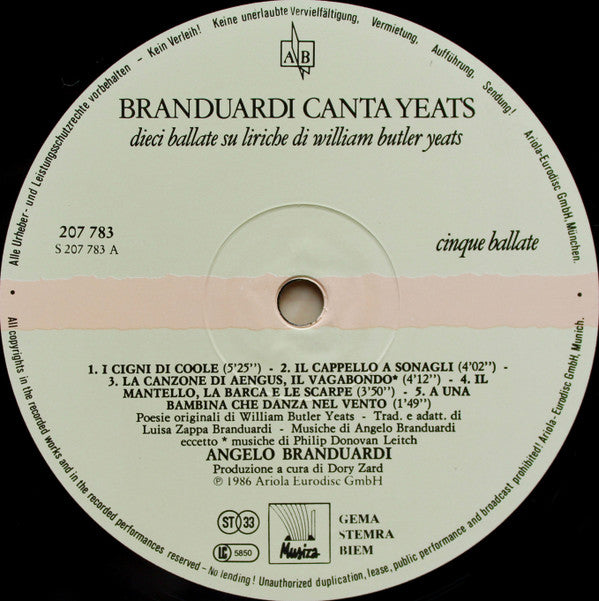 Angelo Branduardi : Branduardi Canta Yeats - Dieci Ballate Su Liriche Di William Butler Yeats (LP, Album, Gat)