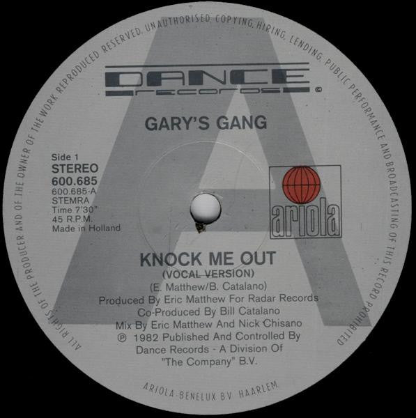Gary's Gang : Knock Me Out (12" Disco Version) (12", Pic)
