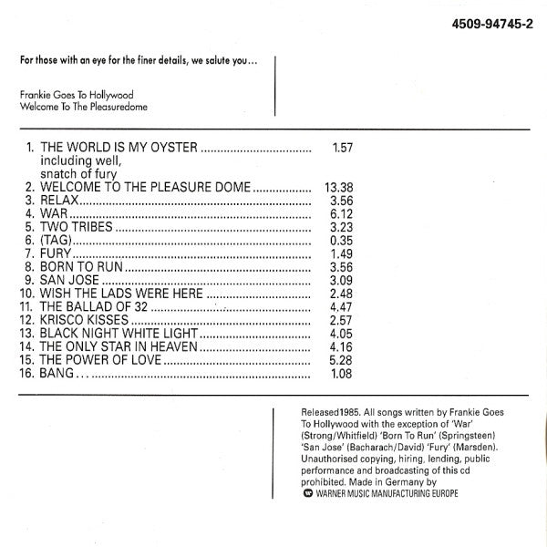 Frankie Goes To Hollywood : Welcome To The Pleasuredome (CD, Album, RE)