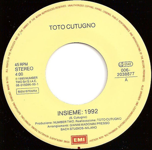 Toto Cutugno : Insieme: 1992 (7", Single)