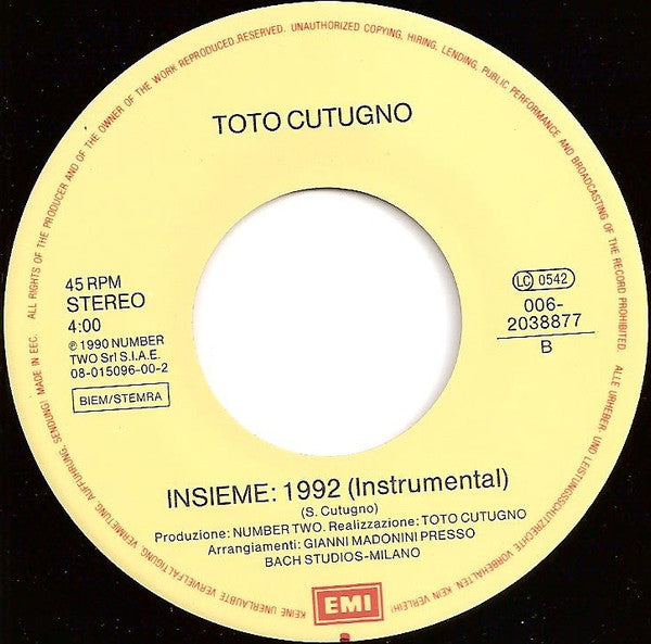 Toto Cutugno : Insieme: 1992 (7", Single)