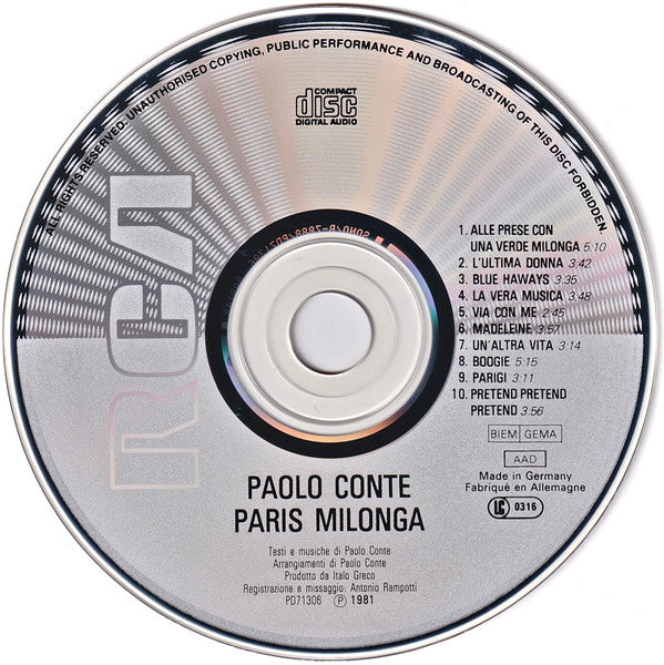 Paolo Conte : Paris Milonga (CD, Album, RE)