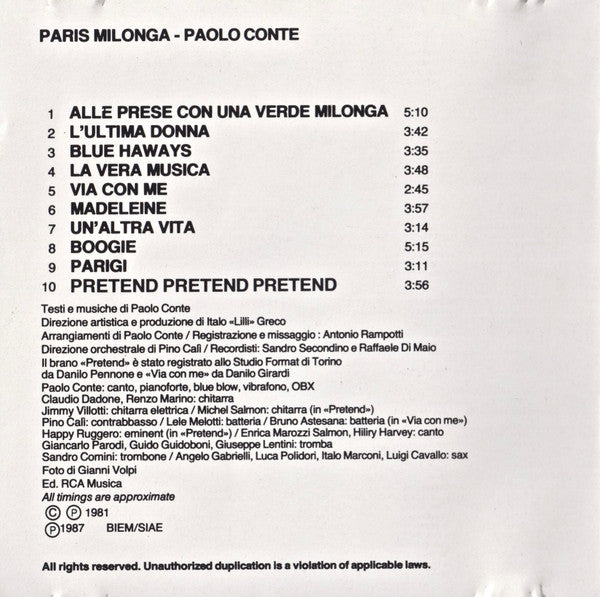 Paolo Conte : Paris Milonga (CD, Album, RE)