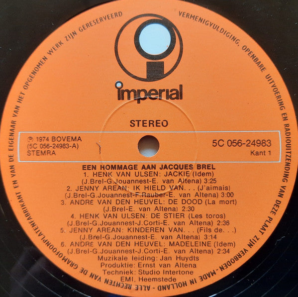 André van den Heuvel ● Jenny Arean ● Henk van Ulsen : Een Hommage Aan Jacques Brel (LP, Album, Gat)