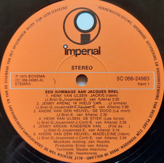 André van den Heuvel ● Jenny Arean ● Henk van Ulsen : Een Hommage Aan Jacques Brel (LP, Album, Gat)