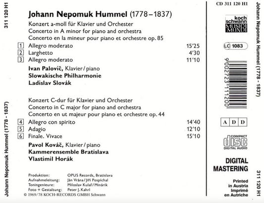 Johann Nepomuk Hummel, Slovak Philharmonic Orchestra, Bratislava Chamber Ensemble, Ladislav Slovák, Vlastimil Horák, Ivan Palovič, Pavol Kováč : Piano Concerto In A Minor Op.85 - Piano Concerto No.2 In C Major, Op.44 (CD, Comp, RE)
