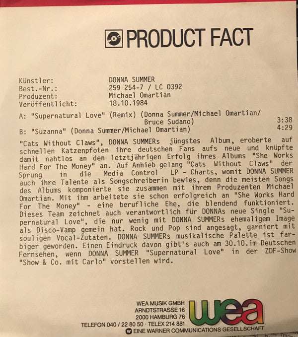 Donna Summer : Supernatural Love (7", Single)