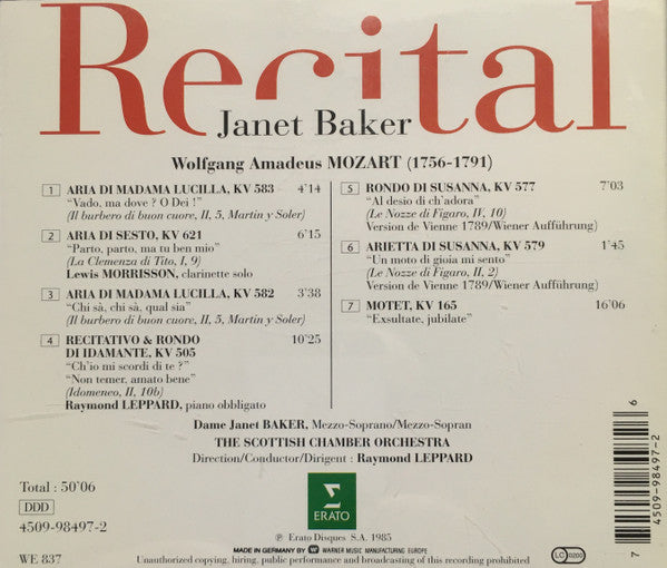 Wolfgang Amadeus Mozart, Janet Baker, Raymond Leppard, Scottish Chamber Orchestra : Recital Janet Baker (CD, Album, RE)