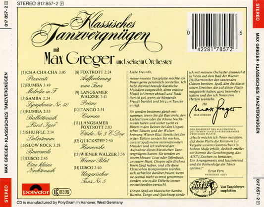 Max Greger Und Sein Orchester : Klassisches Tanzvergnügen Mit Max Greger Und Seinem Orchester (CD, Album, RE)