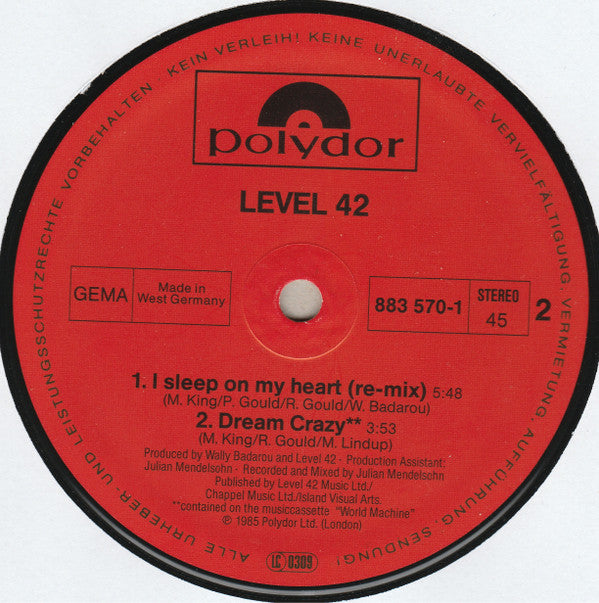 Level 42 : Leaving Me Now / I Sleep On My Heart (Re-mix) / Dream Crazy (12", Maxi)