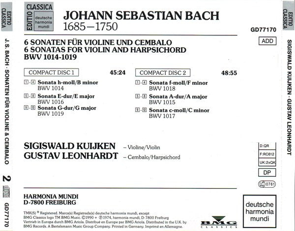 Johann Sebastian Bach - Sigiswald Kuijken, Gustav Leonhardt : Sonaten Für Violine & Cembalo No. 1-6 BWV 1014-1019 = Sonatas For Violin & Harpsichord (2xCD, RE)