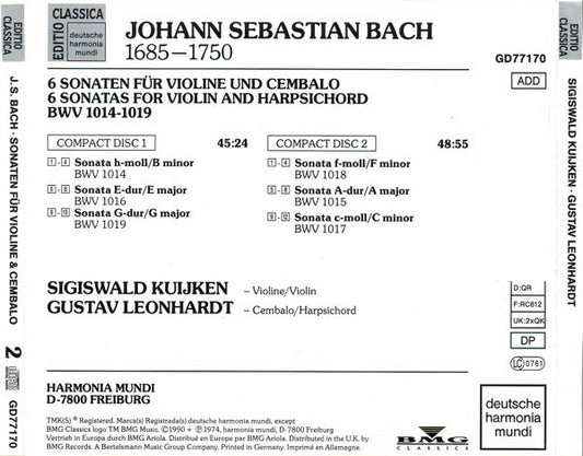 Johann Sebastian Bach - Sigiswald Kuijken, Gustav Leonhardt : Sonaten Für Violine & Cembalo No. 1-6 BWV 1014-1019 = Sonatas For Violin & Harpsichord (2xCD, RE)