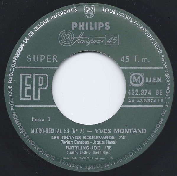 Yves Montand Avec Bob Castella Et Son Orchestre : Micro-Récital 58 (N°7) (7", EP)