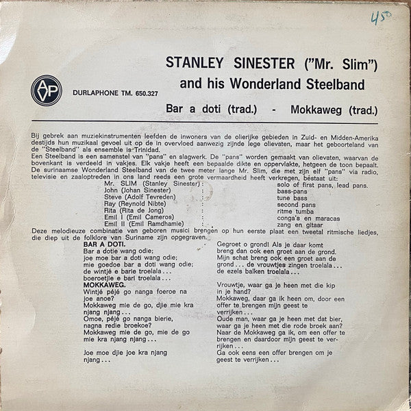 Stanley Sinester (Mr. Slim) And His Wonderland Steelband : Bar A Doti / Mokkaweg (7", Single)