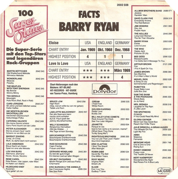 Barry Ryan : Eloise / Love Is Love (7", Single)