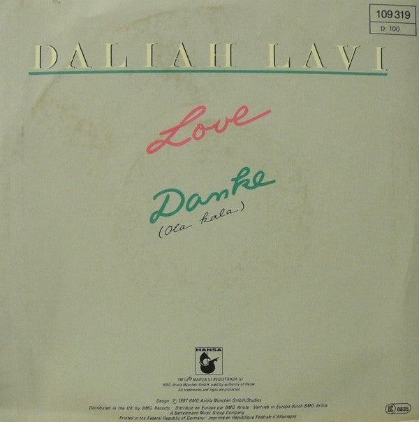 Daliah Lavi : Love / Danke (Ola Kala) (7", Single)