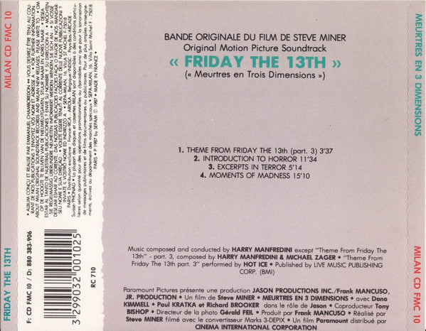 Harry Manfredini : Friday The 13th: Meurtres En 3 Dimensions (Original Motion Picture Soundtrack) (CD)