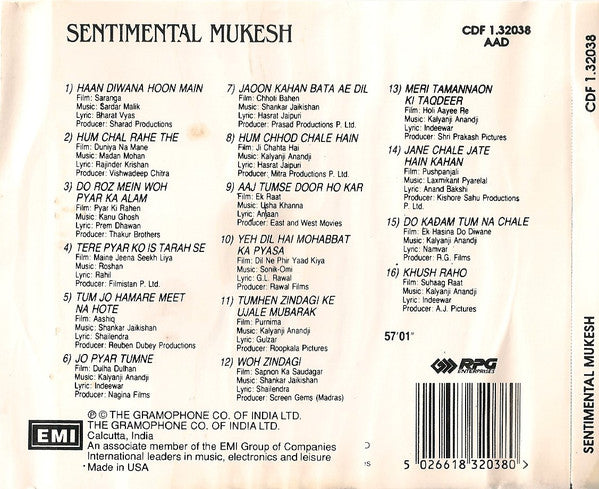 Mukesh : Sentimental Mukesh (CD, Comp)