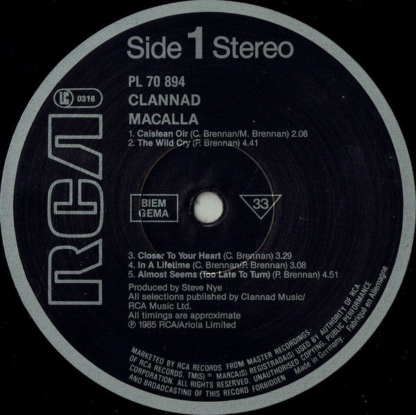 Clannad : Macalla (LP, Album)