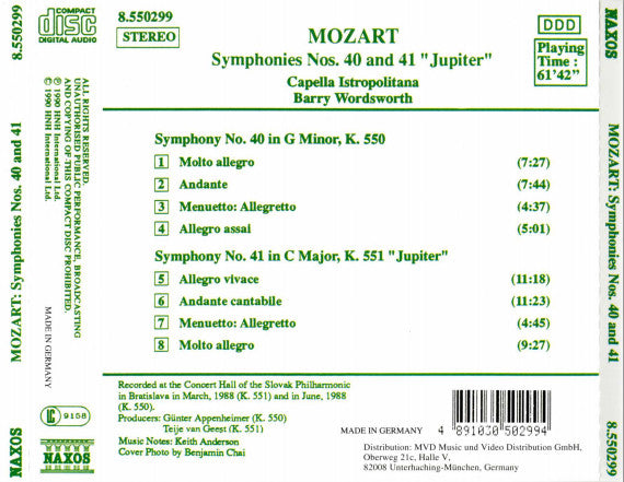 Wolfgang Amadeus Mozart - Capella Istropolitana, Barry Wordsworth : Symphonies Nos. 40 And 41 "Jupiter" (CD)