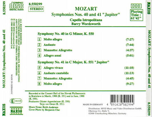 Wolfgang Amadeus Mozart - Capella Istropolitana, Barry Wordsworth : Symphonies Nos. 40 And 41 "Jupiter" (CD)