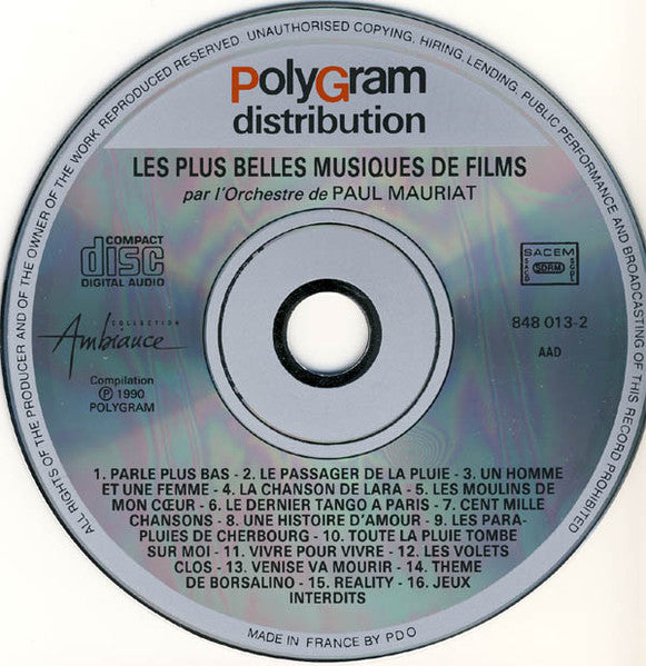 Paul Mauriat And His Orchestra : Les Plus Belles Musiques De Films Par L'Orchestre De Paul Mauriat (CD, Comp, RE)