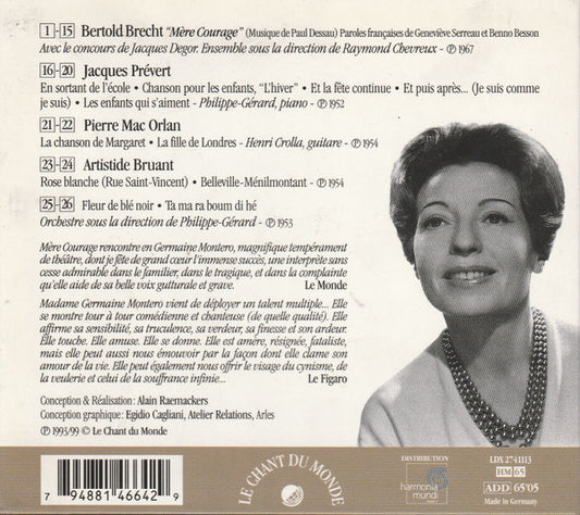 Germaine Montero : Chante Mère Courage Et Prévert, Marc Orlan, Bruant (CD, Album, Dig)